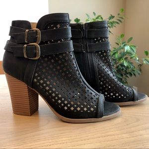 Brash Open-Toed Black Block Heel Booties